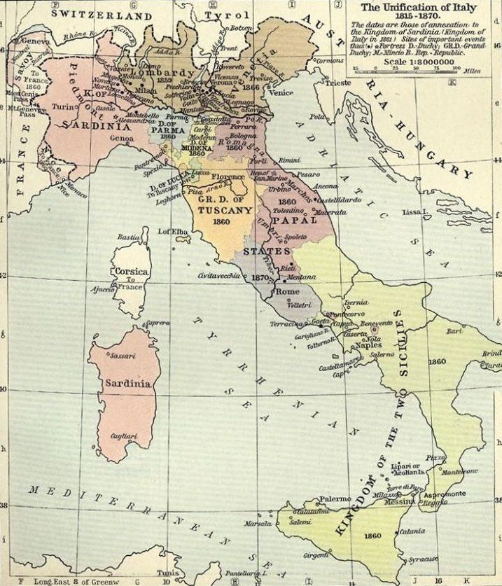 Mappa di unificazione di Italia, 1815-70 